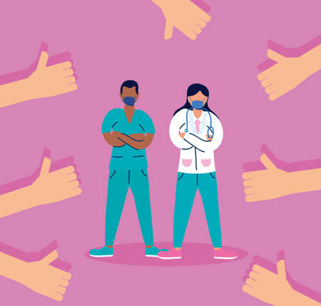 doctors couple with face masks characters vector illustration designのイラスト素材