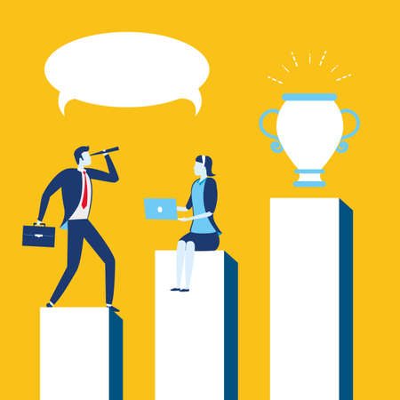 businessman and woman chart trophy laptop business success vector illustrationのイラスト素材