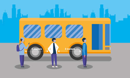 Social distancing between boys with masks and school bus design of Covid 19 virus theme Vector illustrationのイラスト素材