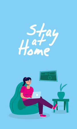 woman using laptop in sofa stay at home campaign vector illustration designのイラスト素材