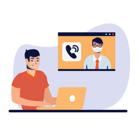 Man with laptop and video chat design of Work from home theme Vector illustrationのイラスト素材