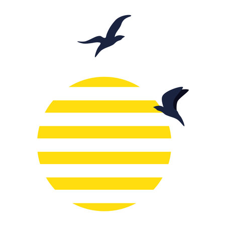 striped sun with birds flying on white background vector illustration design