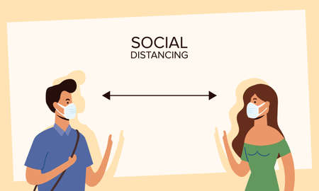 young couple wearing medical masks and social distancing vector illustration designのイラスト素材