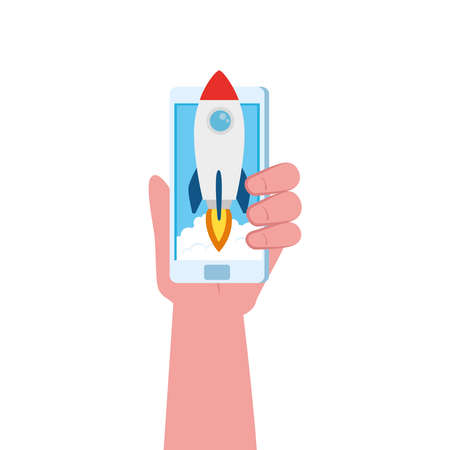 hand holding smartphone with rocket design, Start up plan idea strategy and marketing theme Vector illustrationのイラスト素材