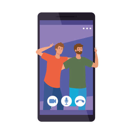 Men on smartphone in video chat design, Call online conference and webcam theme Vector illustrationのイラスト素材