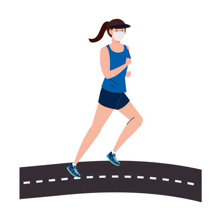 woman with mask and sportswear running at street design of medical care and covid 19 virus theme Vector illustrationのイラスト素材