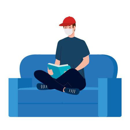 man with mask reading a book on couch design of medical care and covid 19 virus theme Vector illustrationのイラスト素材
