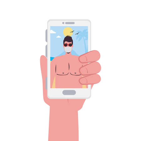 Hand holding smartphone and man with mask at the beach in video chat design, Summer vacation tropical and covid 19 virus theme Vector illustrationのイラスト素材