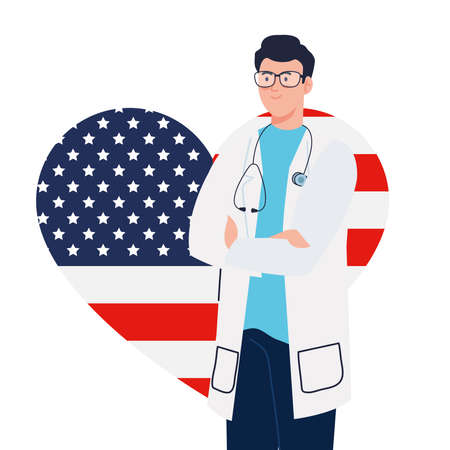 doctor man with stethoscope and usa flag heart design, Labor day holiday and patriotic theme Vector illustrationのイラスト素材