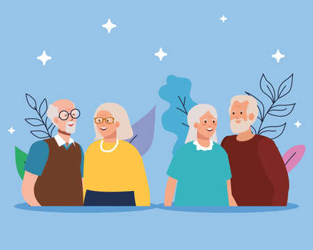 Grandmothers and grandfathers avatars with leaves design, Old woman man female male person mother father and grandparents theme Vector illustrationのイラスト素材