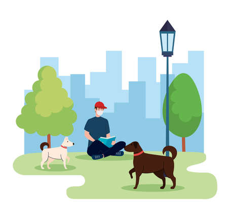 Man with mask reading a book at park design of Covid 19 virus theme Vector illustrationのイラスト素材