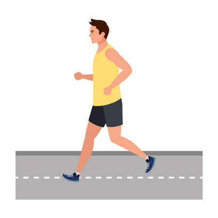 man running on highway, man in sportswear jogging, male athlete on white background vector illustration designのイラスト素材