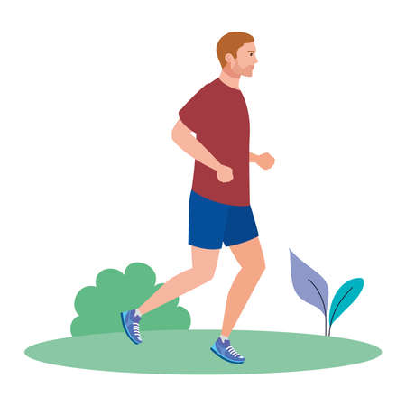 man running on grass, man in sportswear jogging, male athlete, sporty person vector illustration designのイラスト素材