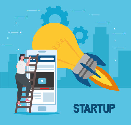 woman on ladder with light bulb rocket and smartphone design, Start up plan idea strategy and...