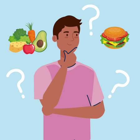 man thinking what to eat design, junk or healthy food decision theme Vector illustrationのイラスト素材
