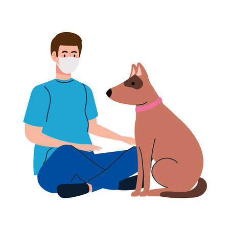 man wearing protective medical mask against covid 19 sitting with dog pet vector illustration designのイラスト素材