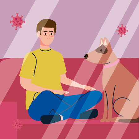 man wearing protective medical mask against covid 19 sitting with dog pet vector illustration designのイラスト素材