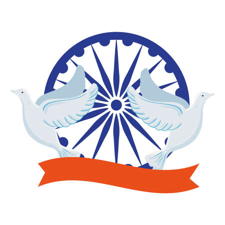 blue ashoka wheel indian symbol, ashoka chakra with doves flying and ribbon vector illustration designのイラスト素材