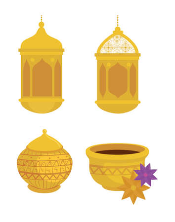 eid al adha celebration card with set golden decorative icons vector illustration designのイラスト素材