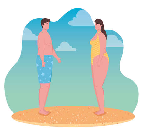 young couple on the beach, guy and his girlfriend in the beach, summer vacation season vector illustration designのイラスト素材