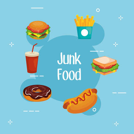 junk food on blue background design, eat restaurant and menu theme Vector illustrationのイラスト素材