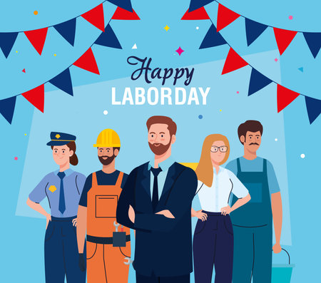 workers with usa banner pennant design, Labor day holiday and patriotic theme Vector illustrationのイラスト素材