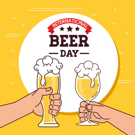 international beer day, august, hands holding a beers vector illustration design