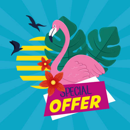 summer sale banner, season discount poster with flemish, tropical leaves and birds flying, invitation for shopping with special offer label vector illustration designのイラスト素材