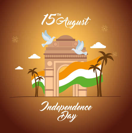 indian happy independence day, celebration 15 august, with gate monument and flag of india vector illustration designのイラスト素材