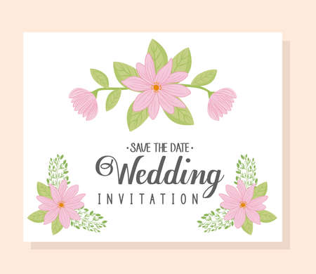 Wedding invitation with pink flowers and leaves design, Save the date and engagement theme Vector illustrationのイラスト素材
