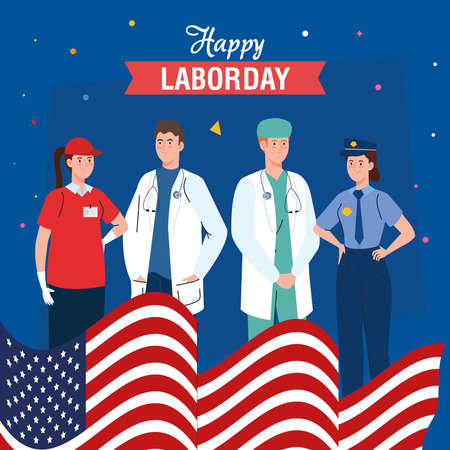 doctors delivery woman and police with usa flag design, Labor day holiday and patriotic theme Vector illustrationのイラスト素材