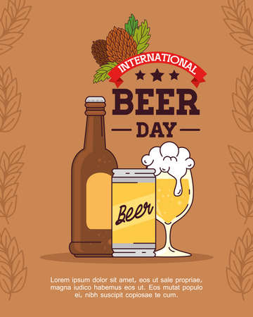 international beer day, august, bottle, can and cup glass of beer vector illustration designのイラスト素材
