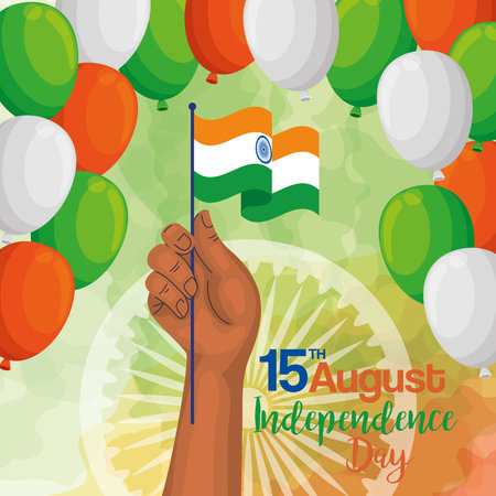 indian happy independence day, balloons helium decoration and hand with flag vector illustration...