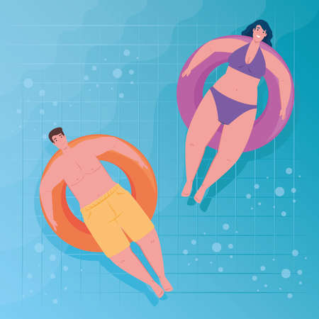 couple using swimsuit, couple floating, relaxing sunbathing on inflatable, in the pool, summer vacation season vector illustration designのイラスト素材