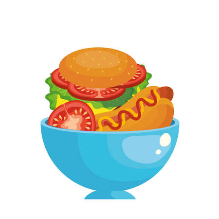 hamburger hot dog and tomato inside bowl design, food eat restaurant and menu theme Vector illustrationのイラスト素材