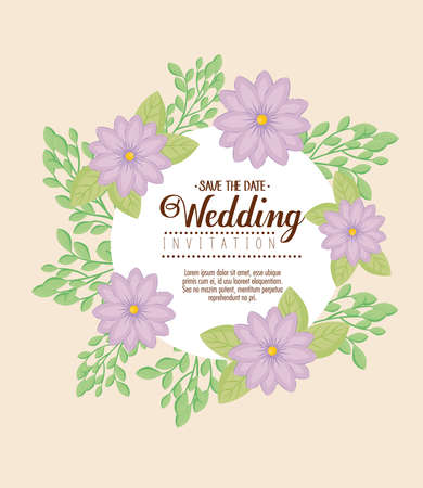 Wedding invitation with purple flowers and leaves design, Save the date and engagement theme Vector illustrationのイラスト素材