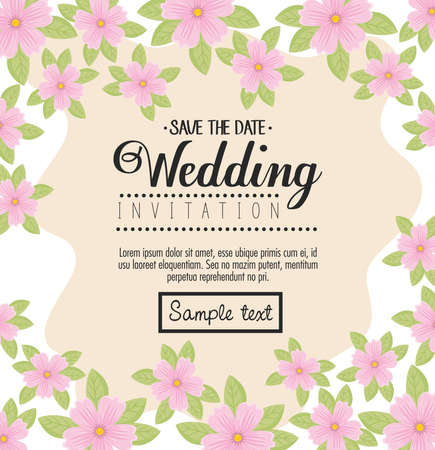 Wedding invitation with pink flowers and leaves design, Save the date and engagement theme Vector illustrationのイラスト素材