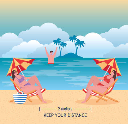 social distancing on the beach, young people keep distance two meters, new normal summer beach concept after coronavirus or covid 19 vector illustration designのイラスト素材
