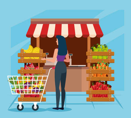 natural store with vegetables and fruits with woman customer over blue background, vector illustrationのイラスト素材