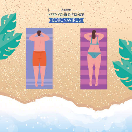 social distancing on the beach, couple keep distance for sunbathing or tanning on the sand, new normal summer beach concept after coronavirus or covid 19 vector illustration designのイラスト素材
