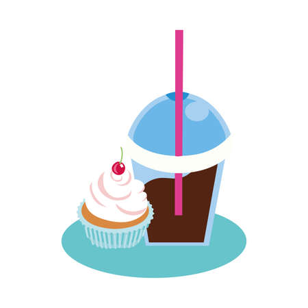 sweet cupcake with cherry dessert and chocolate smoothie vector illustrationのイラスト素材