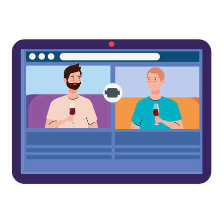 online party, men have online party together in quarantine, party web camera online holiday in tablet vector illustration designのイラスト素材