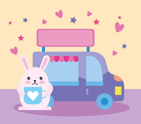 cute little rabbit with market car kawaii character vector illustration designのイラスト素材