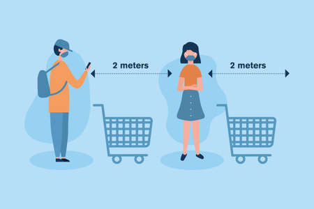 Social distancing between boy and girl with masks and shopping carts design of Covid 19 virus theme Vector illustrationのイラスト素材