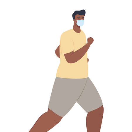man afro running wearing medical mask, prevention coronavirus covid 19, on white background vector illustration designのイラスト素材