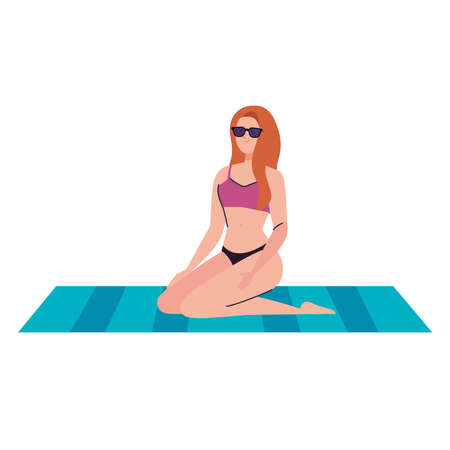 woman with swimsuit sitting on the towel, holiday vacation season vector illustration designのイラスト素材