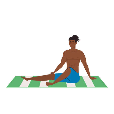 man afro in shorts, happy guy afro in swimsuit sitting on the towel vector illustration designのイラスト素材