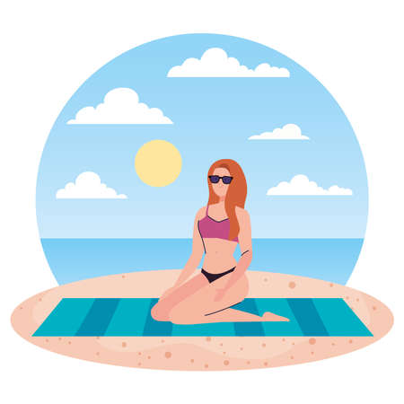woman with swimsuit sitting on the towel, in the beach, holiday vacation season vector illustration designのイラスト素材