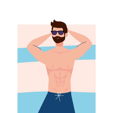 view aerial, man in shorts lying down, tanning on towel, summer vacation season vector illustration designのイラスト素材