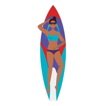 woman afro with swimsuit, lying down on surfboard, summer vacation season vector illustration designのイラスト素材